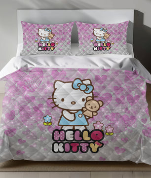 Hello Kitty Bedding Set – Cute Pink Linen Duvet Cover with Glitter Hearts Lusy Store