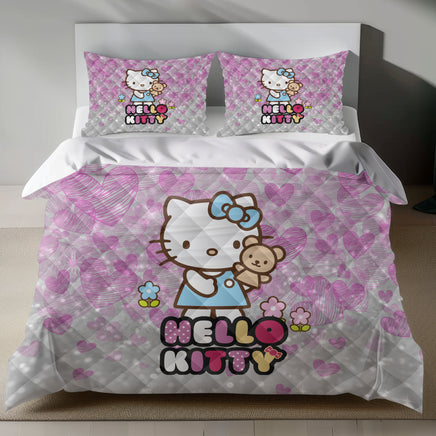 Hello Kitty Bedding Set – Cute Pink Linen Duvet Cover with Glitter Hearts 4pcs - Quilt Sets