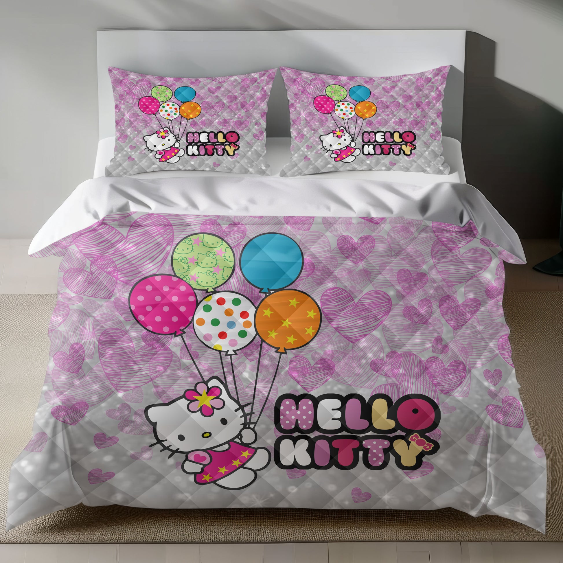 Lusy Store Hello Kitty Bedding Set - Cute Pink Duvet Cover with Balloons for a Cozy Bedroom Bed Sheets