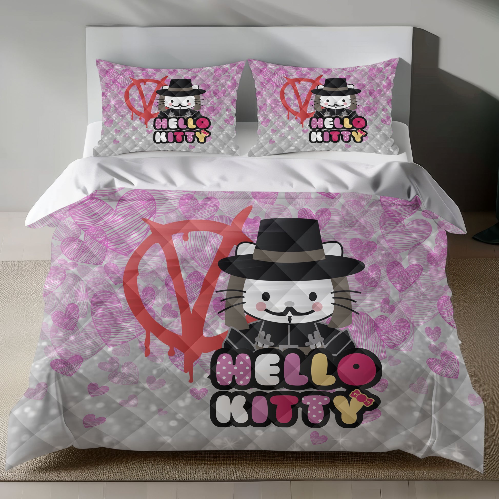 Lusy Store Hello Kitty Bedding Set - V for Vendetta Inspired Pink Duvet Cover for a Unique Bedroom Bed Sheets