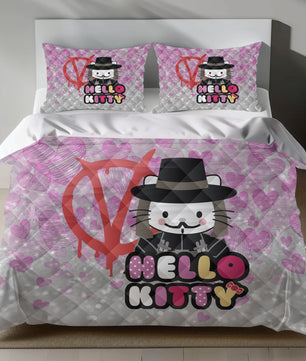 Lusy Store Hello Kitty Bedding Set - V for Vendetta Inspired Pink Duvet Cover for a Unique Bedroom Bed Sheets