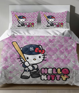 Lusy Store Hello Kitty Bedding Set - Pink Yankees Baseball Duvet Cover for a Fun Bedroom Bed Sheets
