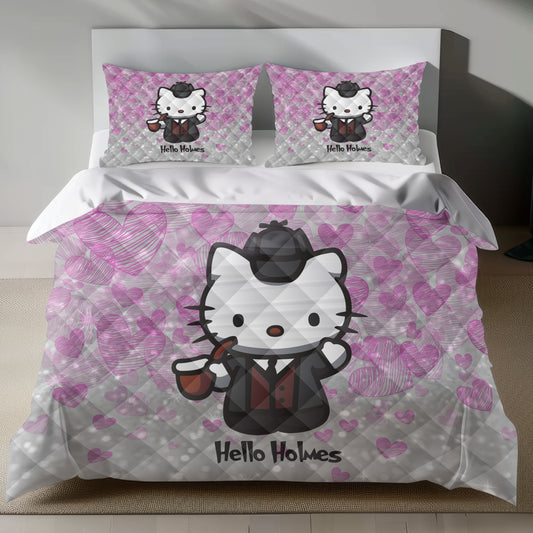 Hello Kitty Sherlock Holmes Bedding Set - Pink Duvet Cover for a Mysterious Bedroom