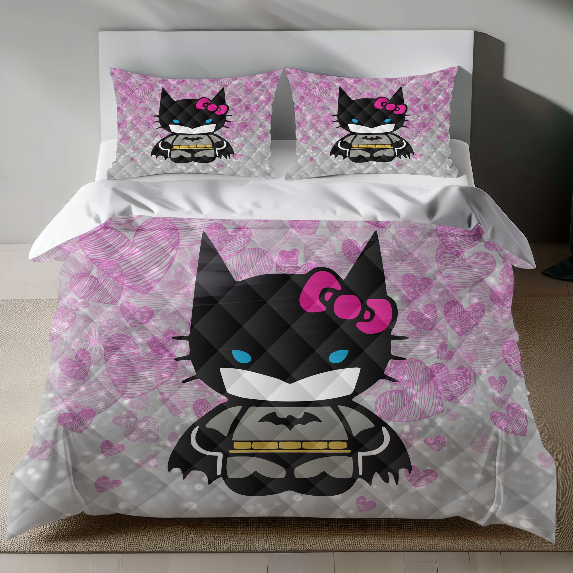 Cute Batman Hello Kitty Design Linen Duvet Cover Set