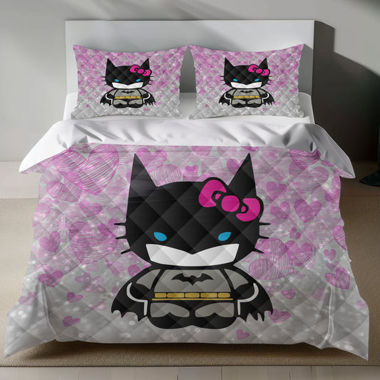 Cute Batman Hello Kitty Design Linen Duvet Cover Set
