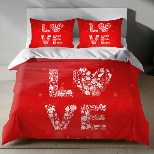 Red love bedding set with floral LOVE design for Valentine's Day