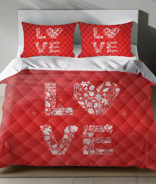 Red love bedding set with floral LOVE design for Valentine's Day quilt set