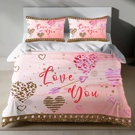 Romantic Heart Linen Bedding Set with Glittery Hearts and Love You Design
