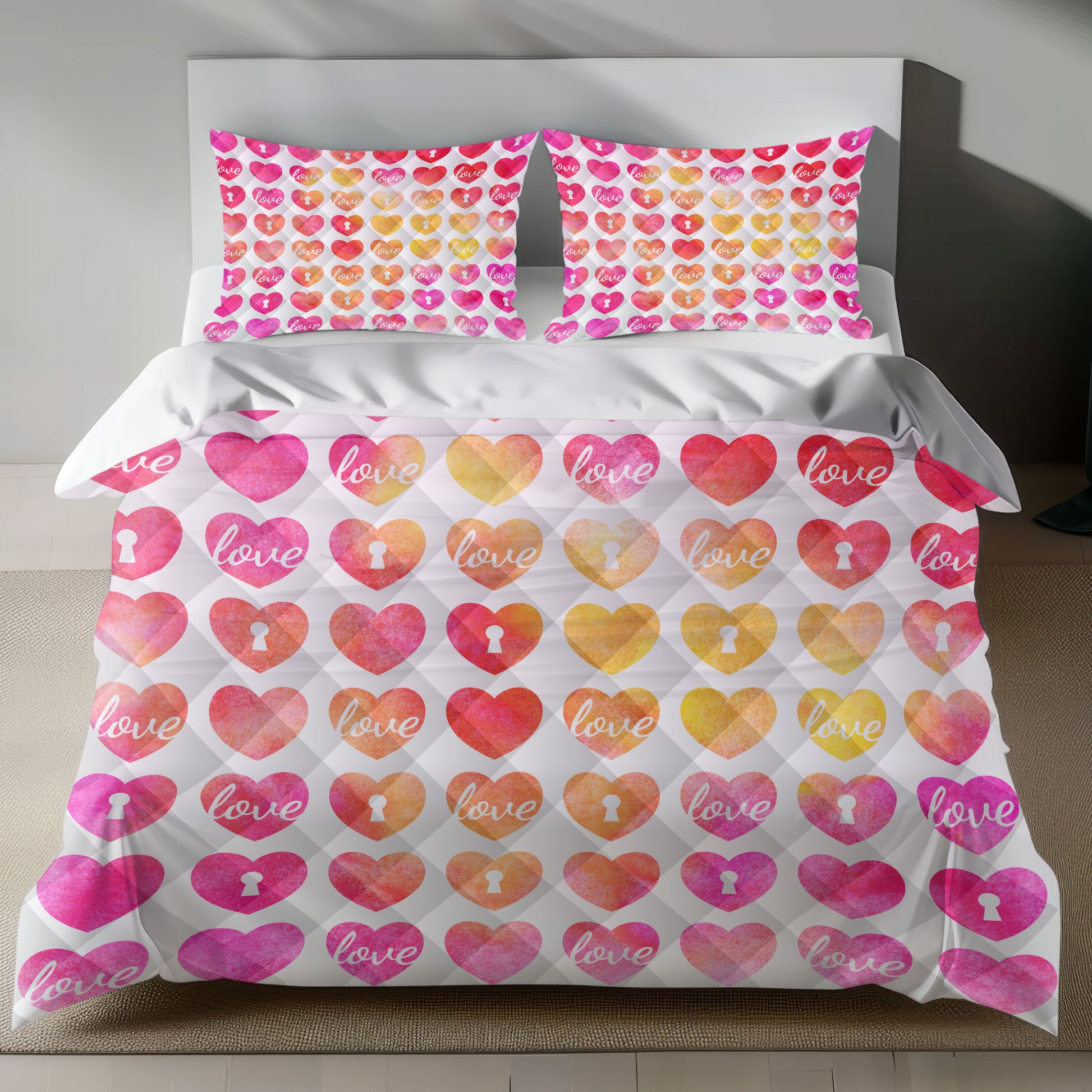 Romantic Heart Linen Bedding Set with Gradient Heart Design quilt set