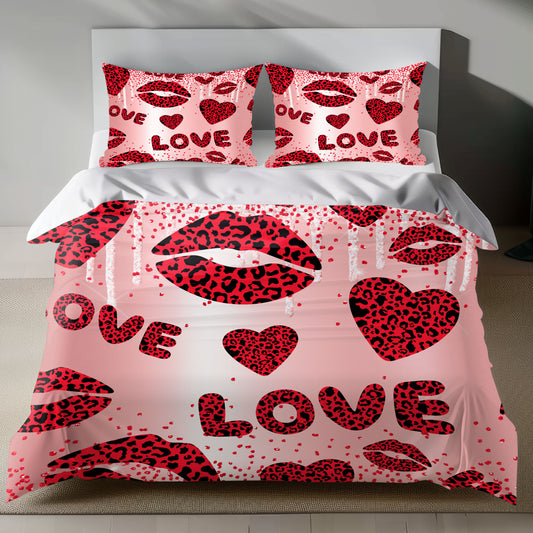 Romantic Leopard Love Linen Bedding Set with Glittery LOVE Text