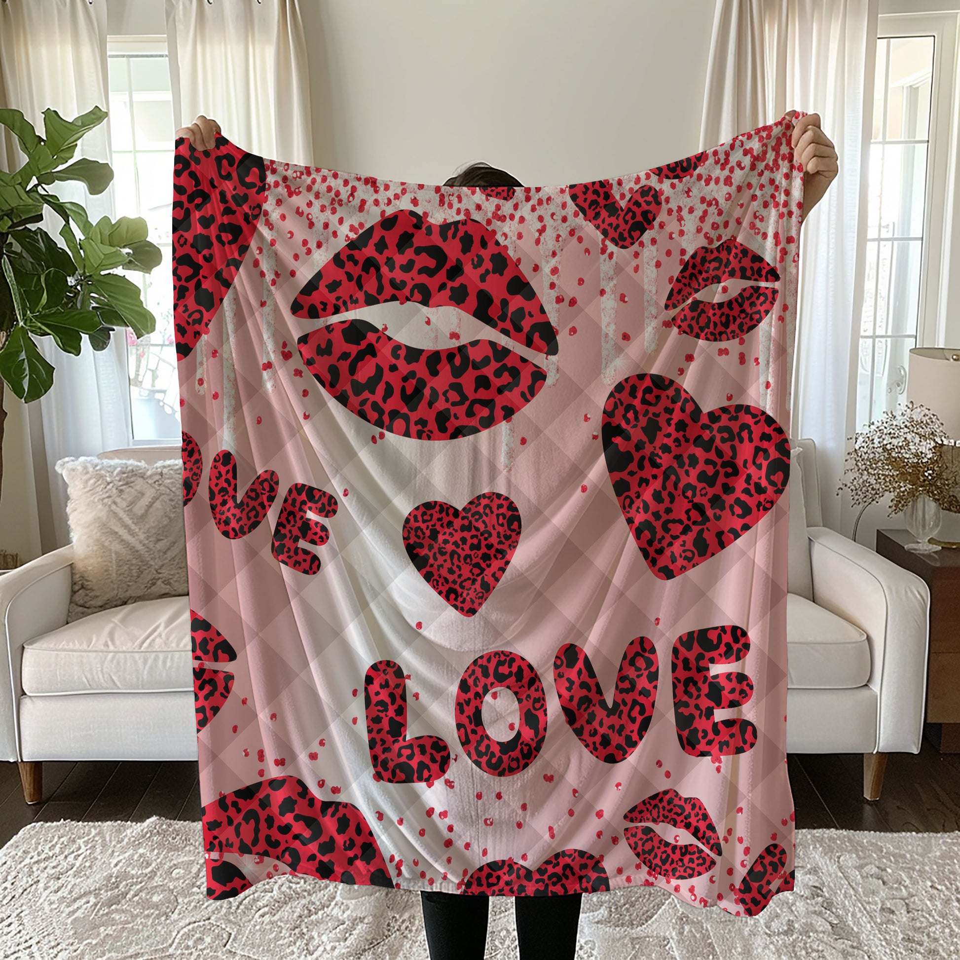 Romantic Leopard Love Linen Bedding Set with Glittery LOVE Text quilt
