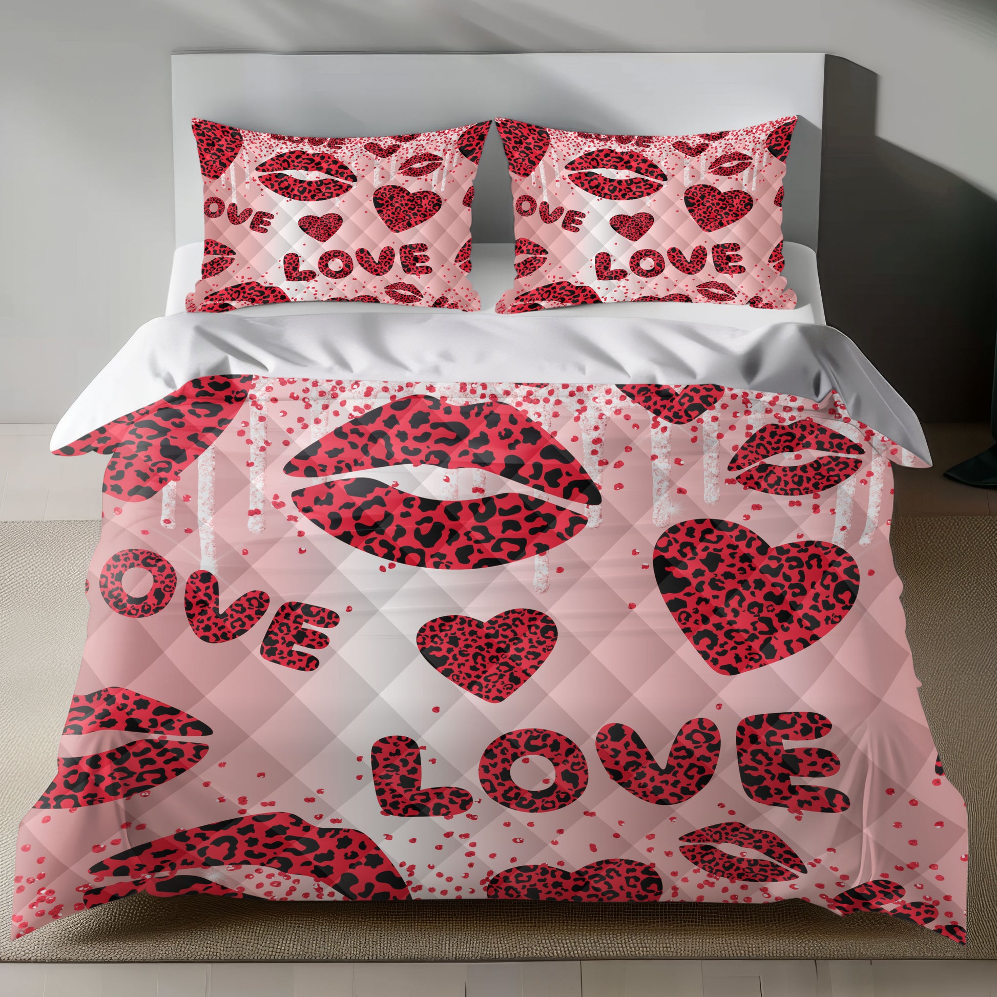 Romantic Leopard Love Linen Bedding Set with Glittery LOVE Text quilt set