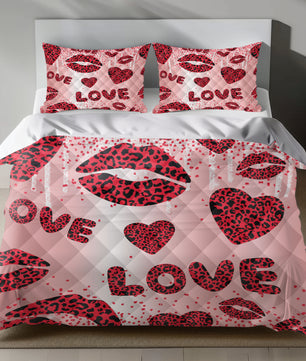 Romantic Leopard Love Linen Bedding Set with Glittery LOVE Text quilt set