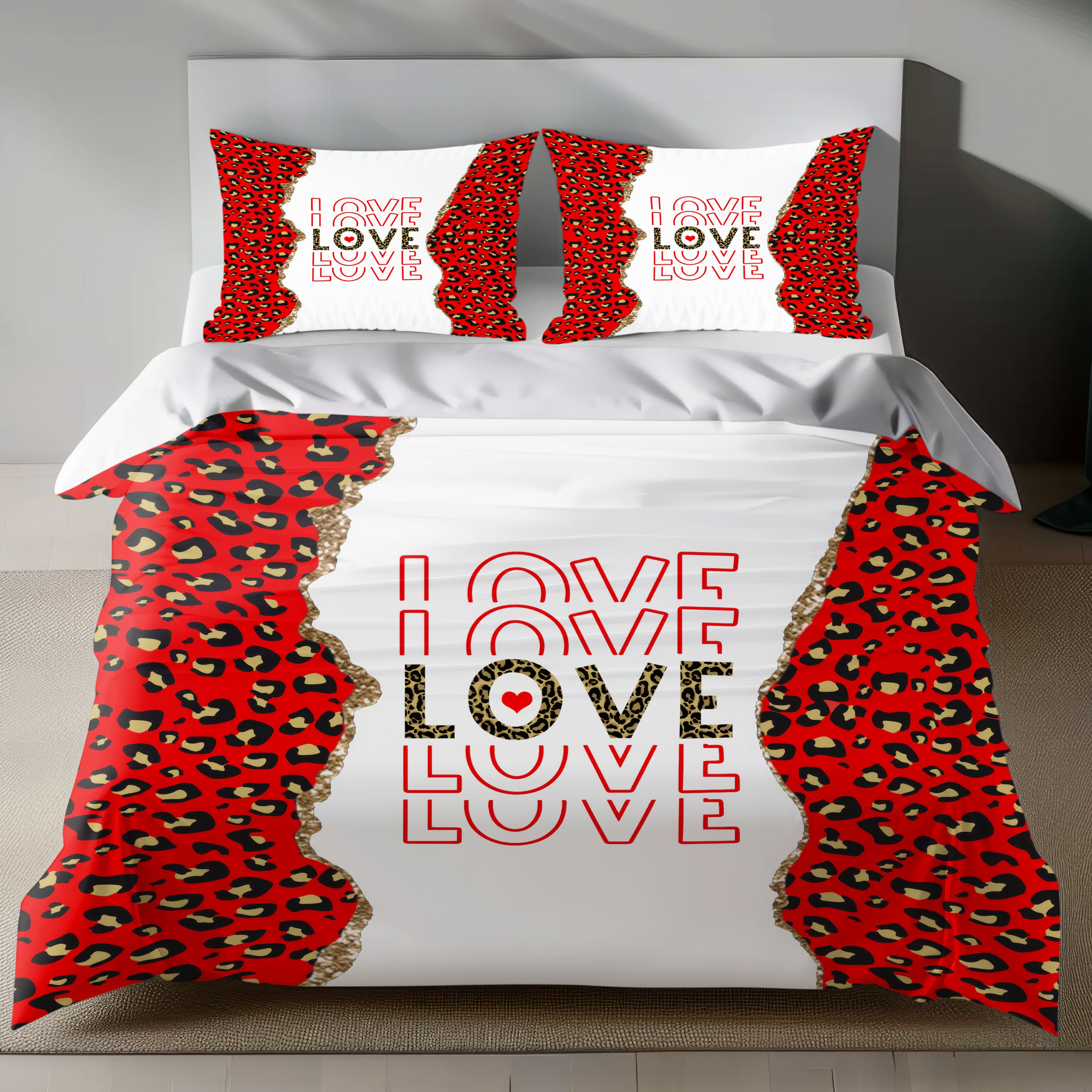 Romantic Leopard Print Linen Bedding Set with LOVE Text and Glitter Accents