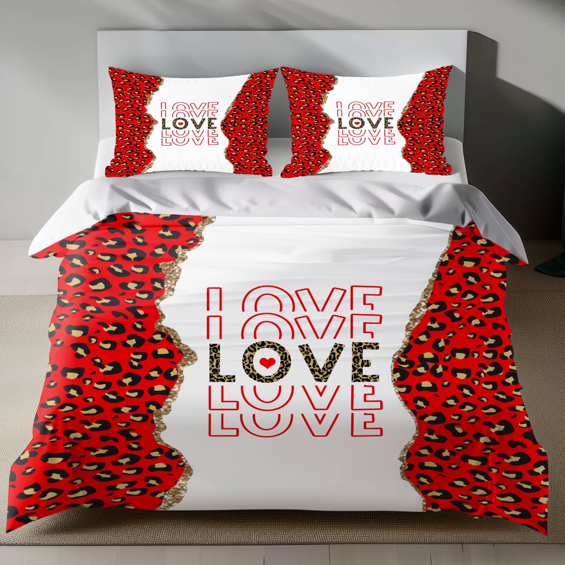 Romantic Leopard Print Linen Bedding Set with LOVE Text and Glitter Accents