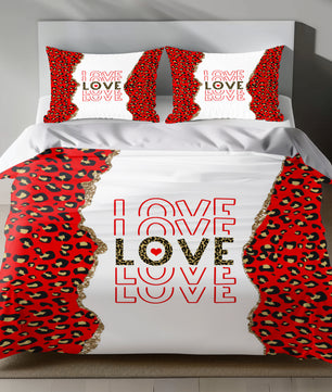 Romantic Leopard Print Linen Bedding Set with LOVE Text and Glitter Accents