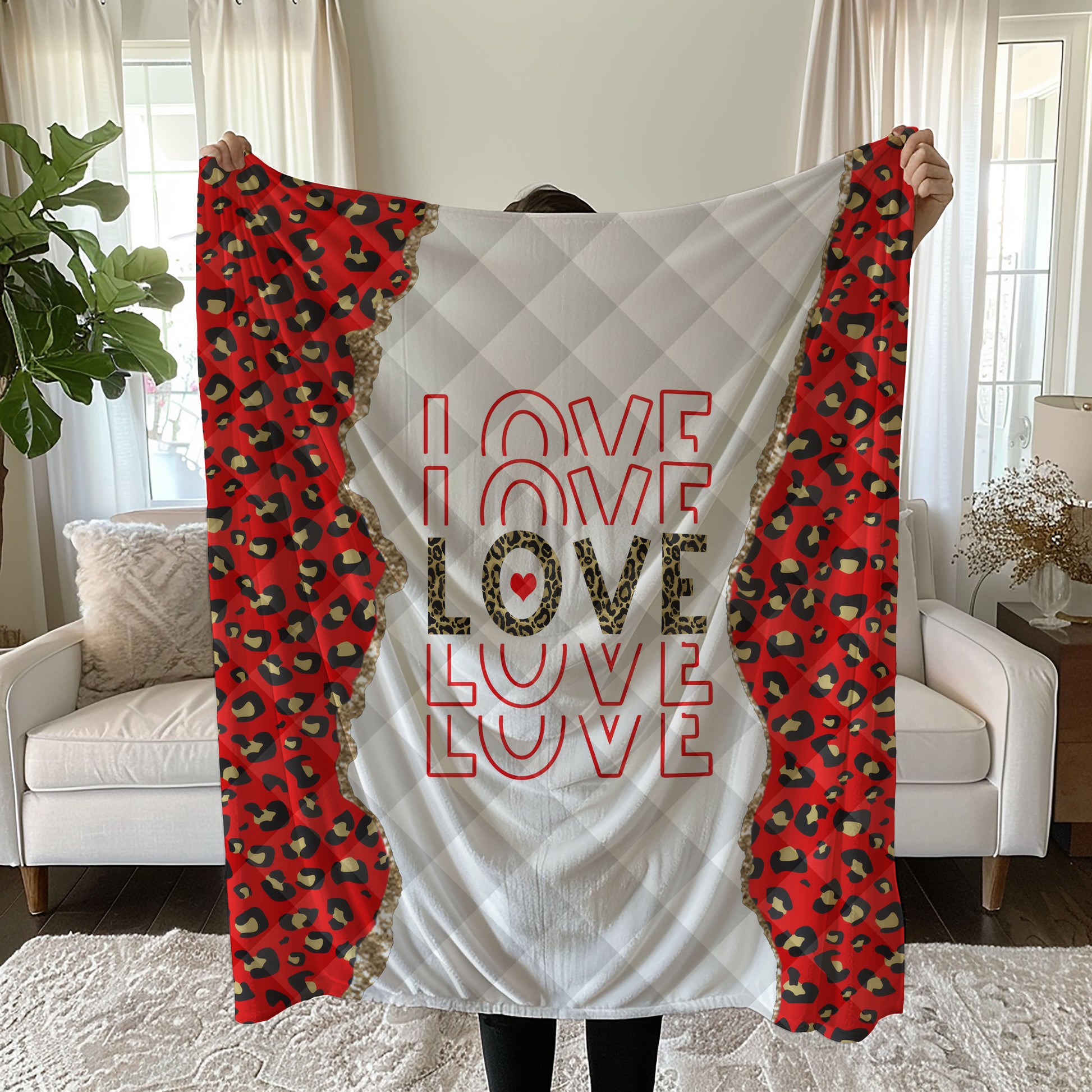 Romantic Leopard Print Linen Bedding Set with LOVE Text and Glitter Accents quilt