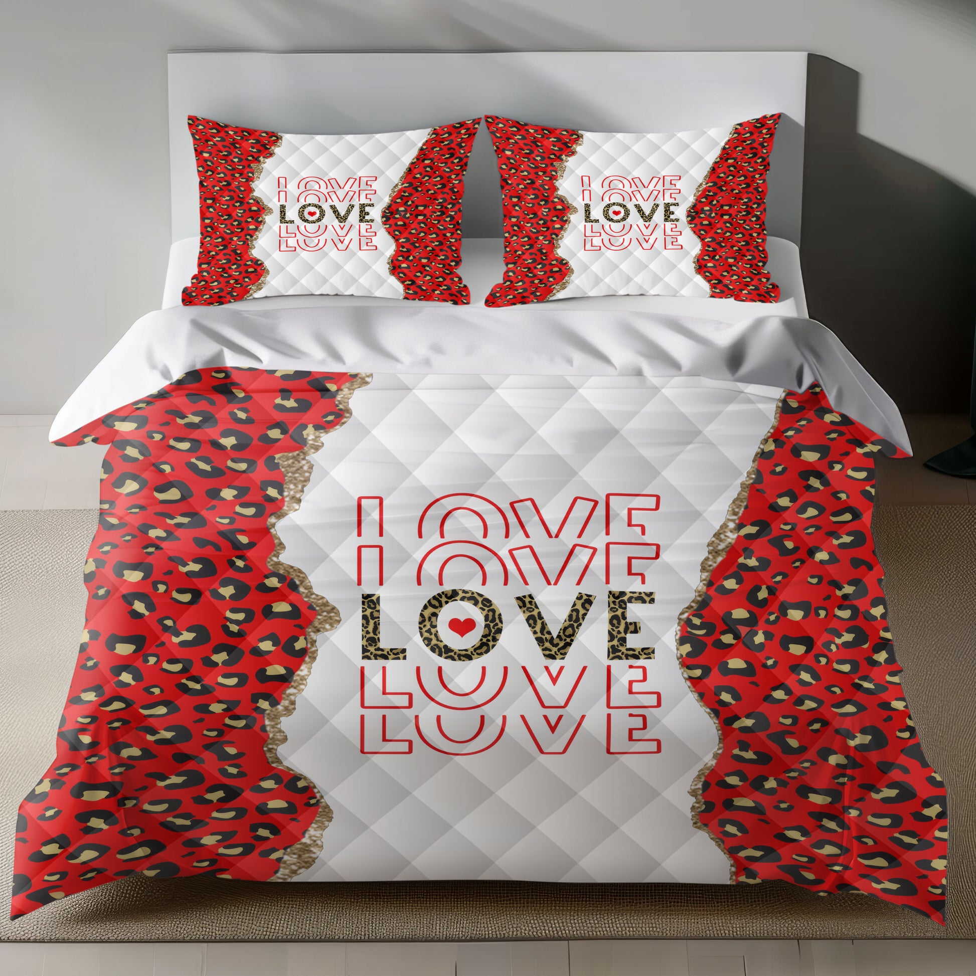 Romantic Leopard Print Linen Bedding Set with LOVE Text and Glitter Accents quilt sset