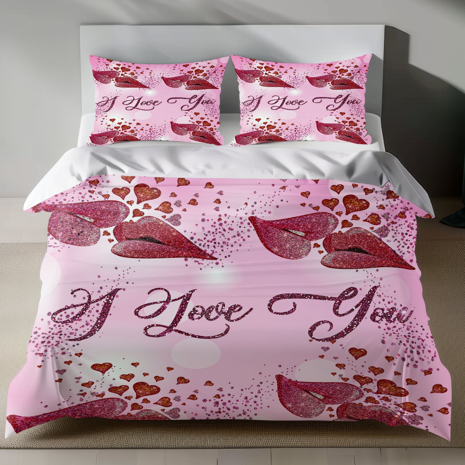 Romantic Linen Bedding Set with I Love You Design and Heart Motifs