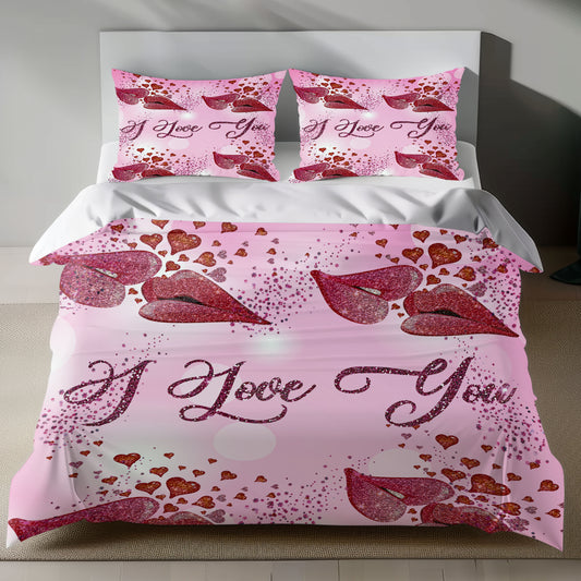 Romantic Linen Bedding Set with I Love You Design and Heart Motifs