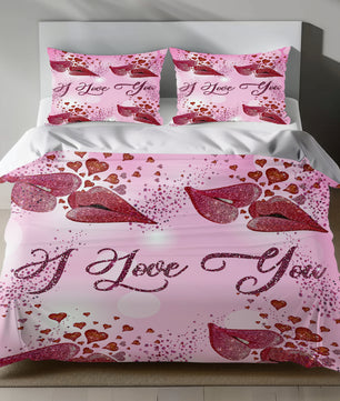 Romantic Linen Bedding Set with I Love You Design and Heart Motifs