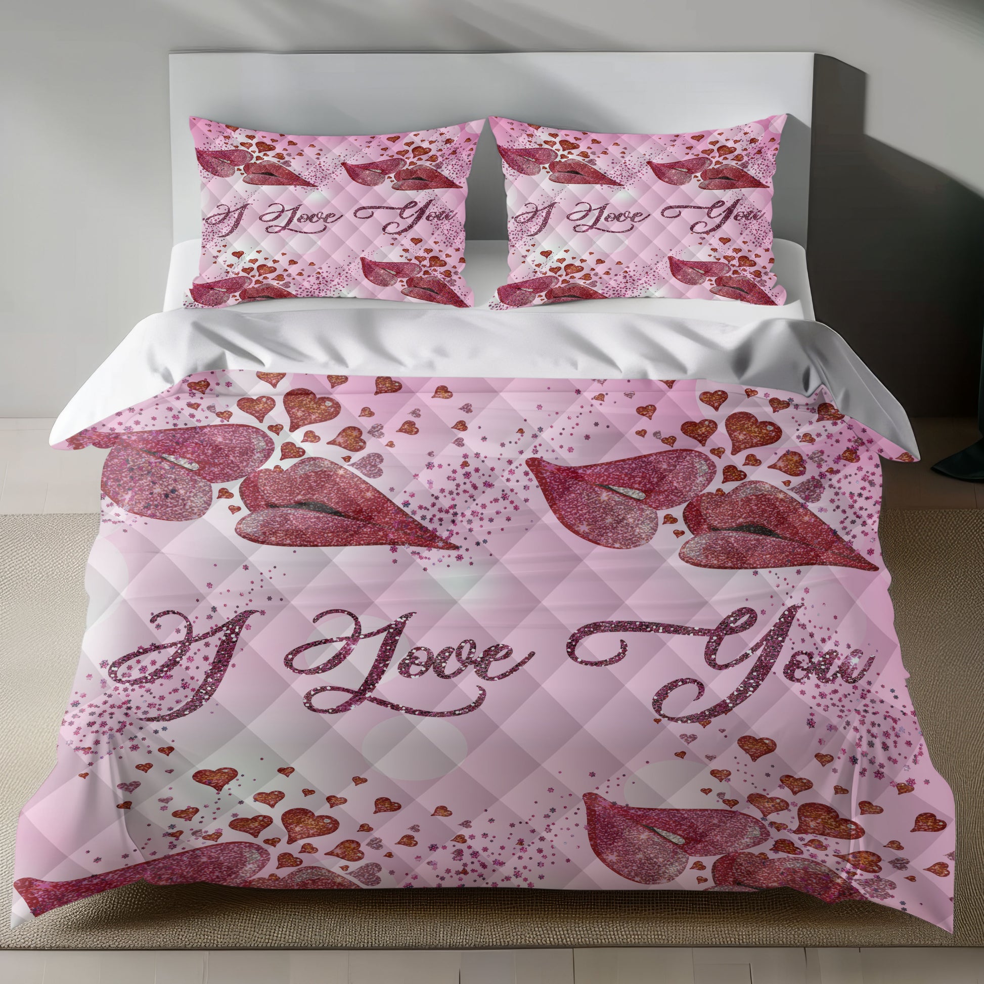 Romantic Linen Bedding Set with I Love You Design and Heart Motifs quilt set