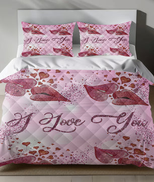 Romantic Linen Bedding Set with I Love You Design and Heart Motifs quilt set