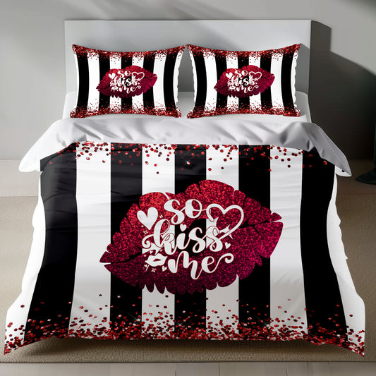 Romantic linen bedding set with lipstick kiss design and "So Kiss Me" text