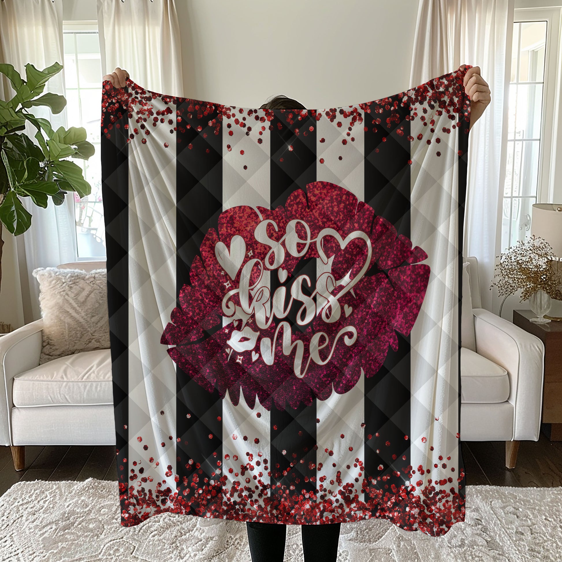 Romantic linen bedding set with lipstick kiss design and "So Kiss Me" text quilt