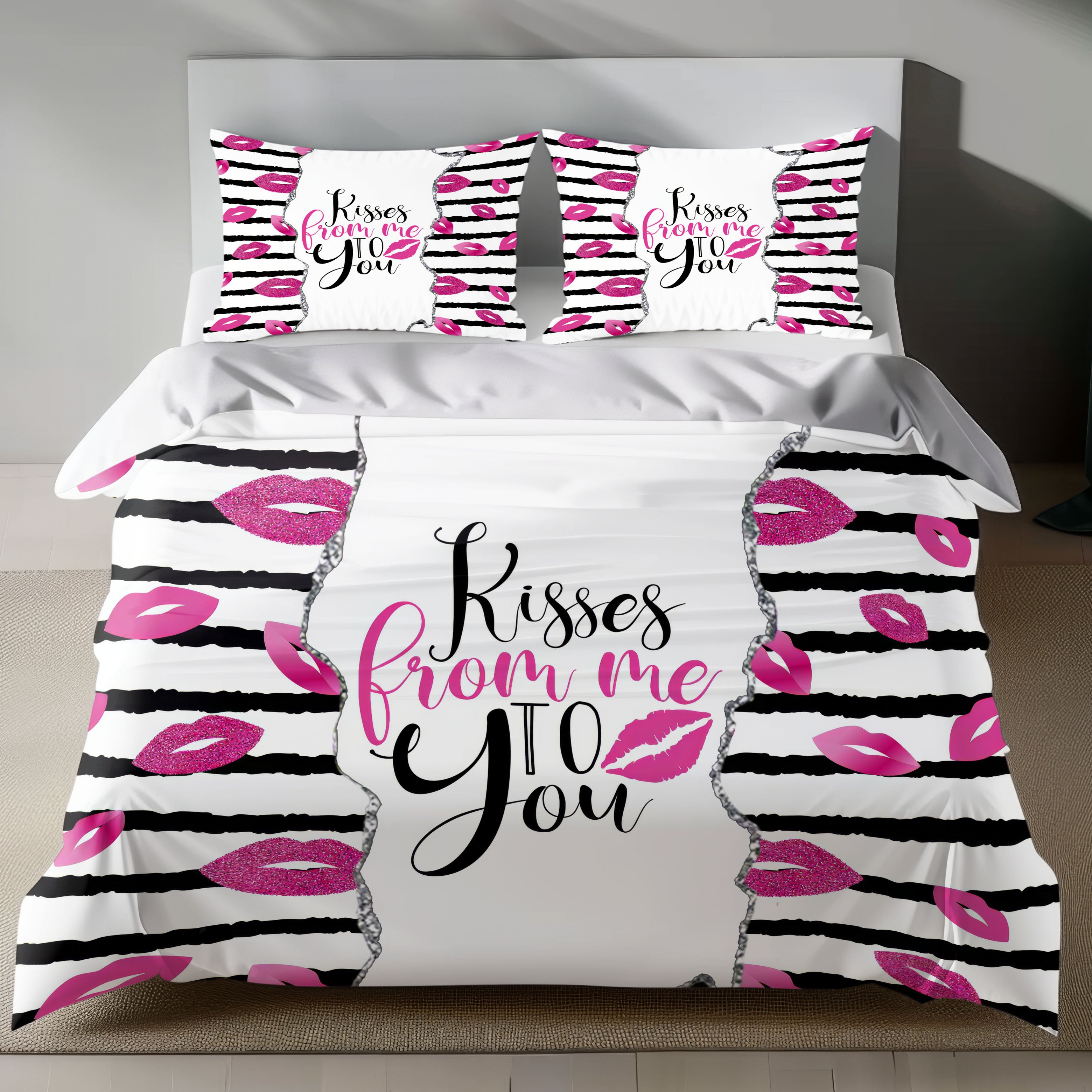 Romantic linen bedding set with pink glitter lips and 'Kisses from Me to You' design on black-and-white stripes
