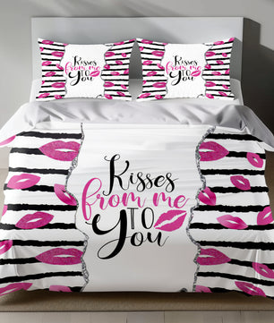 Romantic linen bedding set with pink glitter lips and 'Kisses from Me to You' design on black-and-white stripes