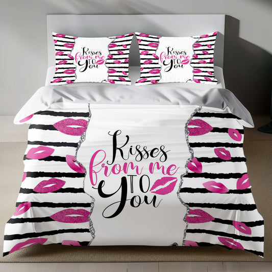 Romantic linen bedding set with pink glitter lips and 'Kisses from Me to You' design on black-and-white stripes
