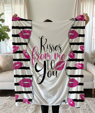 Romantic linen bedding set with pink glitter lips and 'Kisses from Me to You' design on black-and-white stripes duvet cover