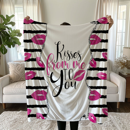 Romantic linen bedding set with pink glitter lips and 'Kisses from Me to You' design on black-and-white stripes duvet cover