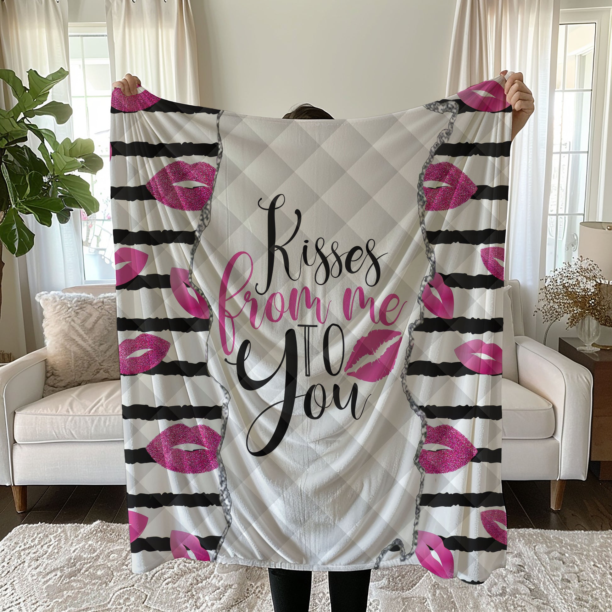Romantic linen bedding set with pink glitter lips and 'Kisses from Me to You' design on black-and-white stripes quilt