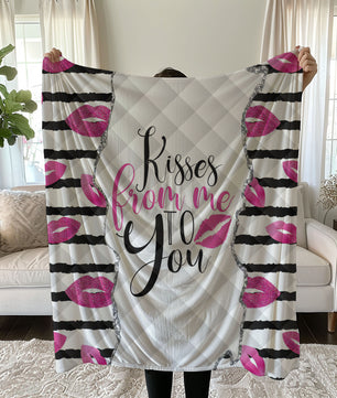Romantic linen bedding set with pink glitter lips and 'Kisses from Me to You' design on black-and-white stripes quilt