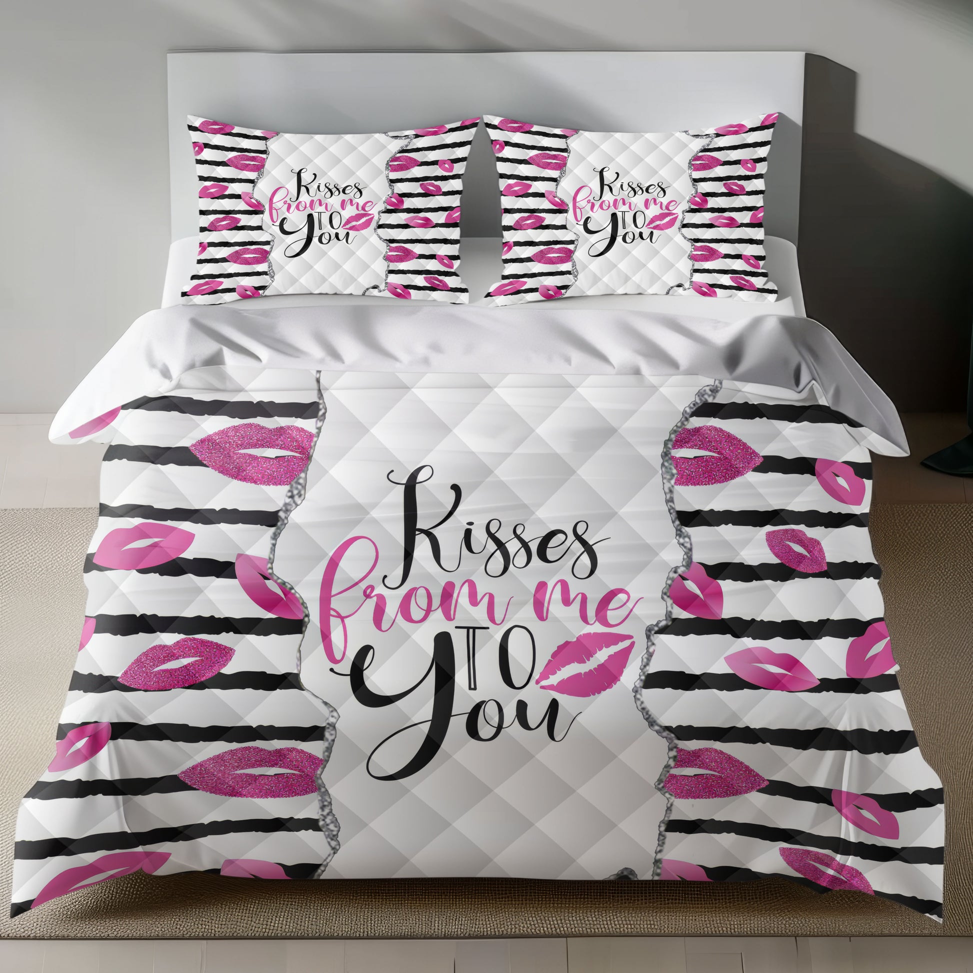 Romantic linen bedding set with pink glitter lips and 'Kisses from Me to You' design on black-and-white stripes quilt set