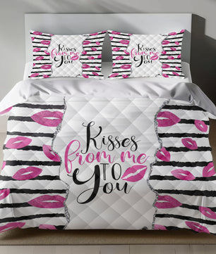 Romantic linen bedding set with pink glitter lips and 'Kisses from Me to You' design on black-and-white stripes quilt set