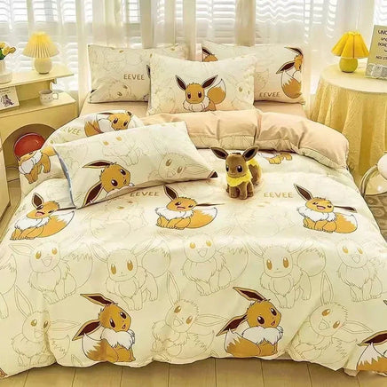 100% Cotton Duvet Set Pokemon Psyduck Eevee 4pcs Set Kids Pure Cotton 3pcs Pack of Bed sheets Pillow cases duvet covers Lusy Store