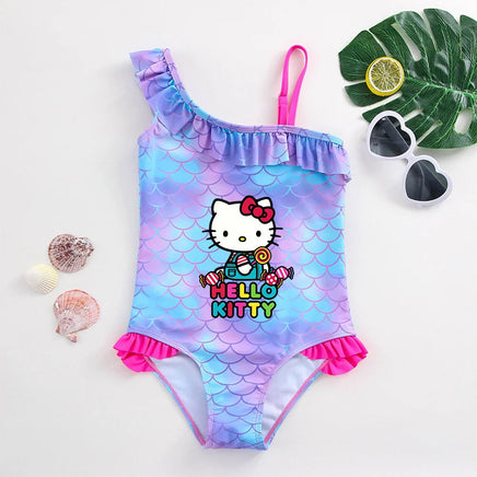 Hello Kitty Girls Swimsuit Mermaid Fish Scale One-Piece Bathing Suits Children's Dresses Kids Wear Summer Swimwear Beach Suit