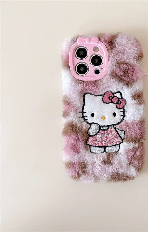 Lusy Store Luxury winter fluffy hand warmer Plush Leopard Hello Kitty phone case for iPhone 16 15 14 13Pro Max Cartoon KT Furry Wrist Strap 