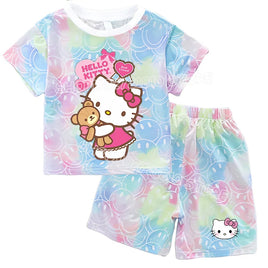 Hello Kitty Sets Summer Breathable Soft Children Clothes Baby Girls Cute Cartoon Short Sleeve Thin Two Piece Suit Gift KT1849Y-KT906K