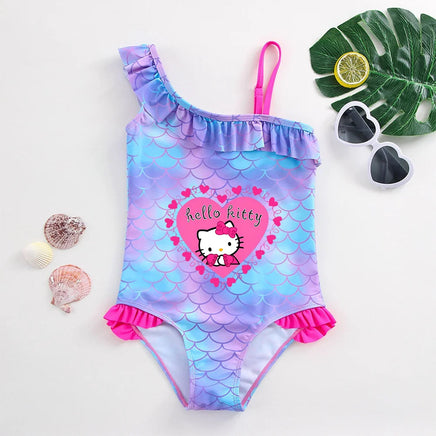 Hello Kitty Girls Swimsuit Mermaid Fish Scale One-Piece Bathing Suits Children's Dresses Kids Wear Summer Swimwear Beach Suit