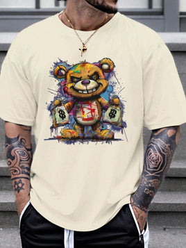 Men's 100% cotton summer loose size Cartoon Bear Pattern printed slim fit casual sports round neck short sleeved T-shirt top A0433-Bear-mi