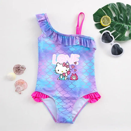 Hello Kitty Girls Swimsuit Mermaid Fish Scale One-Piece Bathing Suits Children's Dresses Kids Wear Summer Swimwear Beach Suit