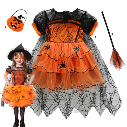 2-7Y Halloween Witch Cosplay Party Dress Cute Spider Mesh Cape Clothes Halloween Costumes for Baby Carnival Party Gifts set3
