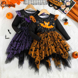 1-5Y Toddler Girls Halloween Dresses For Kids Long Sleeve Allover Bat Printed Party Dresses Children Baby Halloween Costumes