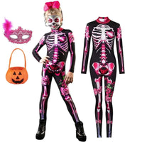 Girls Ghost Bride Gothic Rose Skeleton Scary Halloween Cosplay Costume Dress Role Play Carnival Children Party Outfit 3 PCS Set D