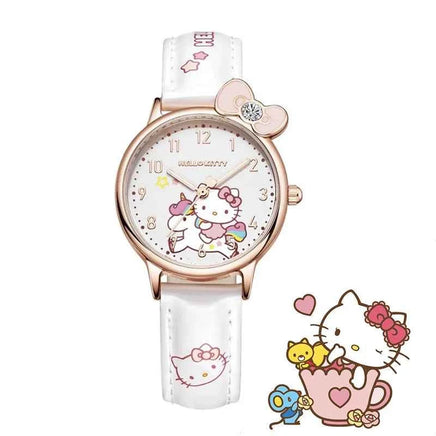 Sanrio Water Resistant Watches Kawaii Cartoon Anime Hello Kitty Kuromi Cinnamoroll High Quality White Leather Watch Girl Gifts 02