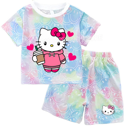 Hello Kitty Sets Summer Breathable Soft Children Clothes Baby Girls Cute Cartoon Short Sleeve Thin Two Piece Suit Gift KT1426Y-KT906K
